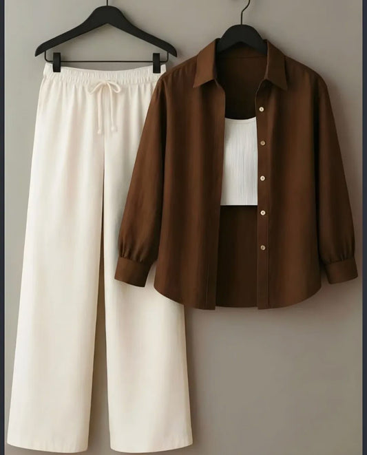 BROWN BUTTON SHIRT WITH WHITE TANKTOP AND BEIGE FLAPPER