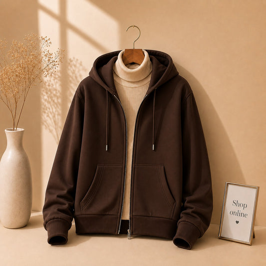 BROWN ZIPPER HOODIE WITH BEIGE HINECK