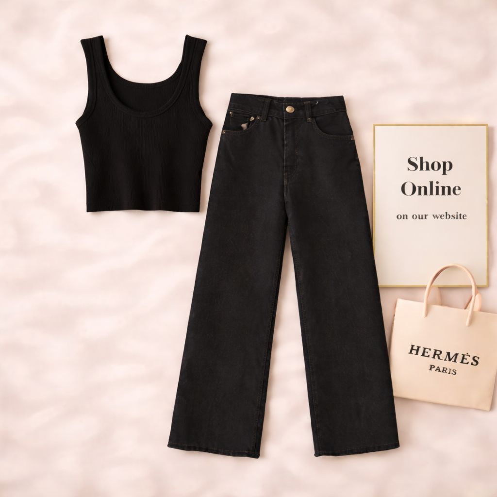 BLACK TANKTOP WITH BLACK WIDE LEG JEANS