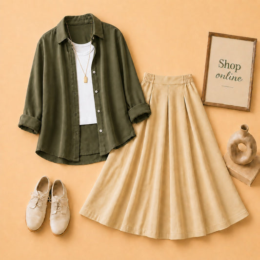 OLIVE GREEN BUTTON SHIRT WITH WHITE TANKTOP AND BEIGE TWILL SKIRT