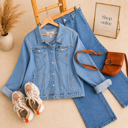 SKY BLUE DENIM JACKET WITH SKY BLUE WIDE LEG JEANS