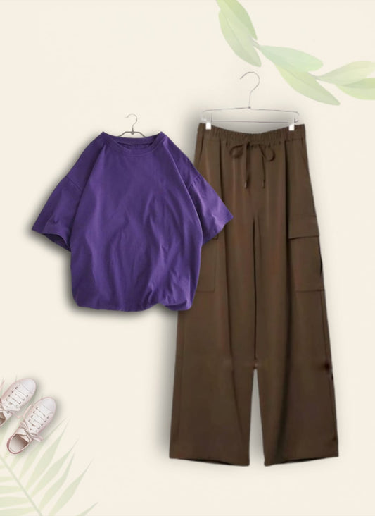 PLAIN PURPLE TSHIRT WITH BROWN CARGO TROUSER