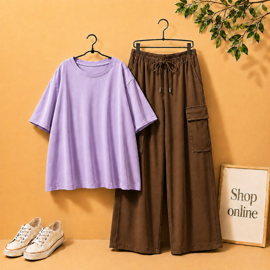 LILAC DROP SHOULDER WITH BROWN CARGO TROUSER