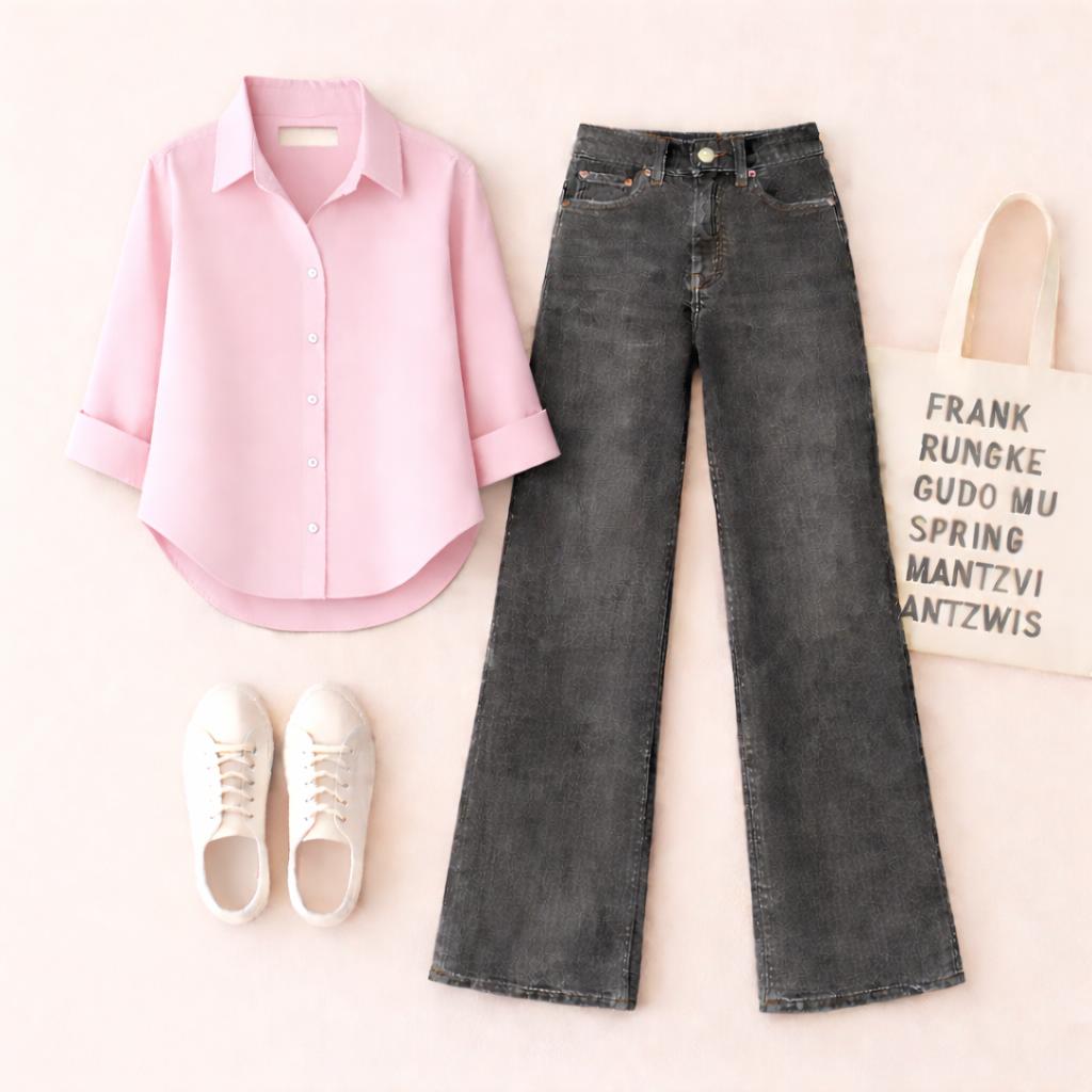 LIGHT PINK BUTTON SHIRT WITH MALAYSIAN BLACK WIDE LEG JEANS