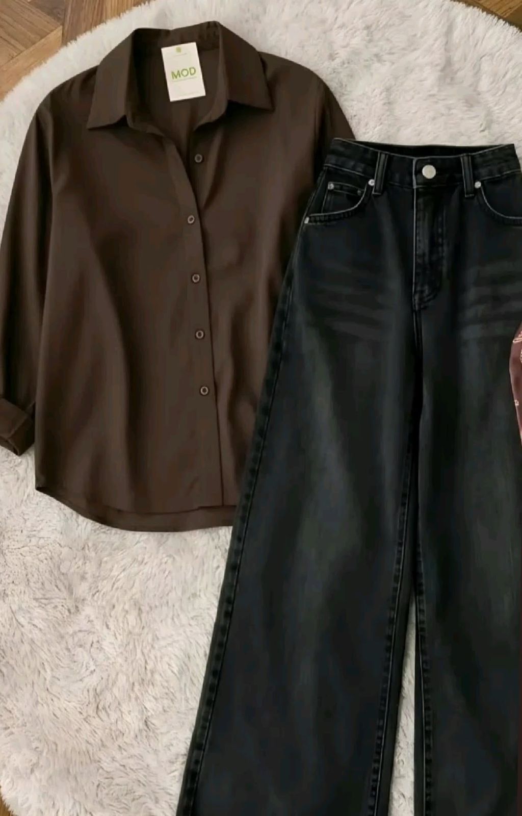 BROWN BUTTON SHIRT WITH BLACK WIDE LEG JEANS