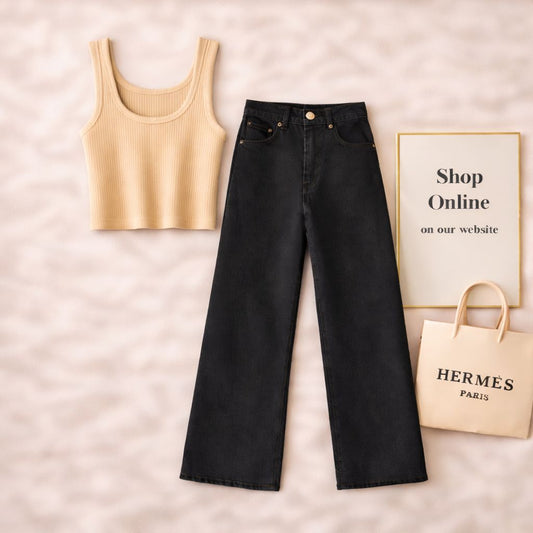BEIGE TANKTOP WITH BLACK WIDE LEG JEANS