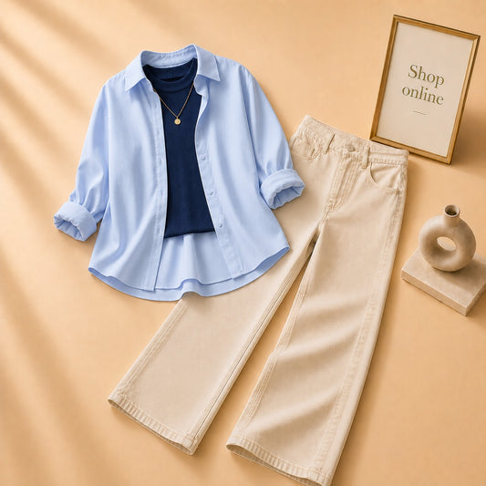 SKY BLUE BUTTON SHIRT WITH BLACK TANKTOP AND BEIGE WIDE LEG JEANS (3PCS)