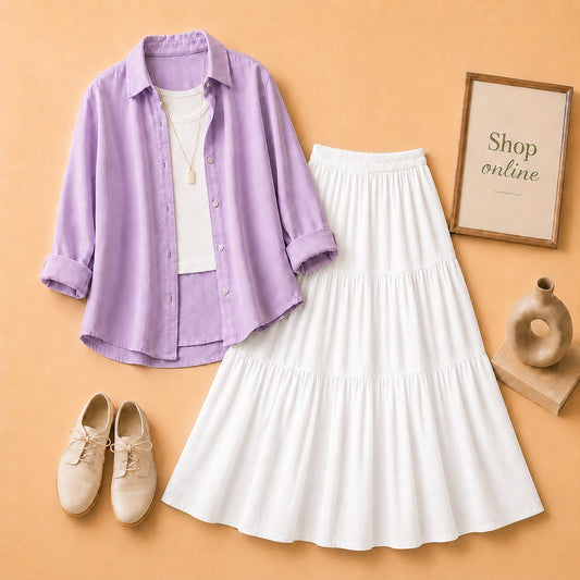 LILAC BUTTON SHIRT WITH WHITE TANKTOP AND WHITE 3 TIER SKIRT