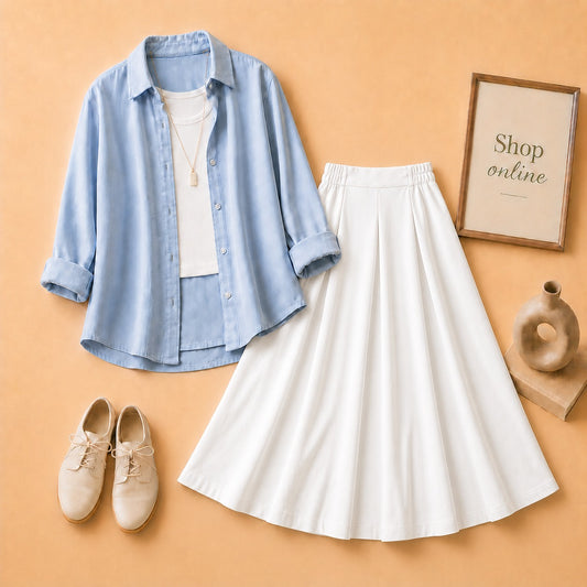 SKY BLUE BUTTON SHIRT WITH WHITE TANKTOP AND WHITE TWILL SKIRT