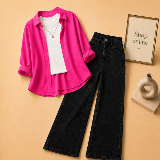 HOT PINK BUTTON SHIRT WITH WHITE TANKTOP AND BLACK WIDE LEG JEANS (3PCS)