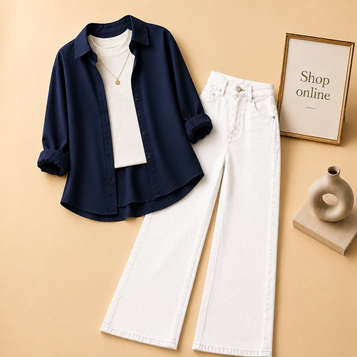 NAVY BLUE BUTTON SHIRT WITH WHITE TANKTOP AND WHITE WIDE LEG JEANS (3PCS)