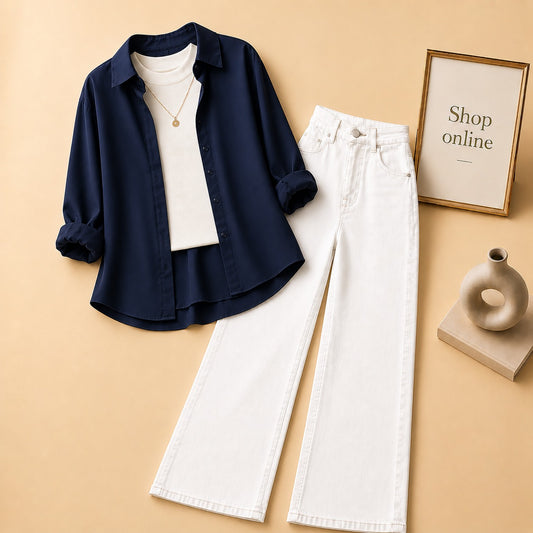 NAVY BLUE BUTTON SHIRT WITH WHITE TANKTOP AND WHITE WIDE LEG JEANS (3PCS)