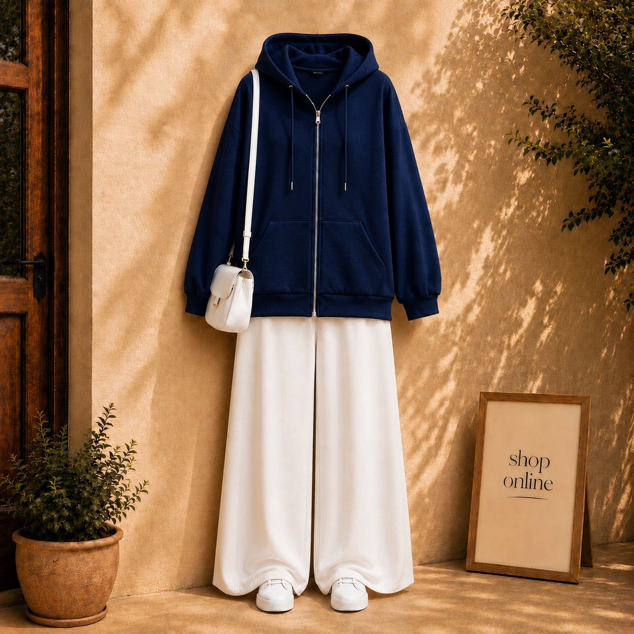 NAVY BLUE ZIPPER HOODIE WITH WHITE FLAPPER
