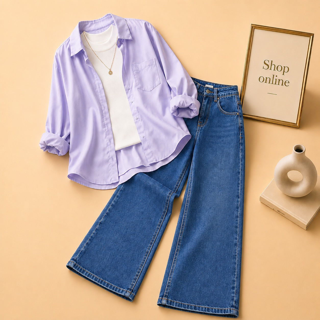 LILAC BUTTON SHIRT WITH WHITE TANKTOP AND DARK BLUE WIDE LEG JEANS (3PCS)