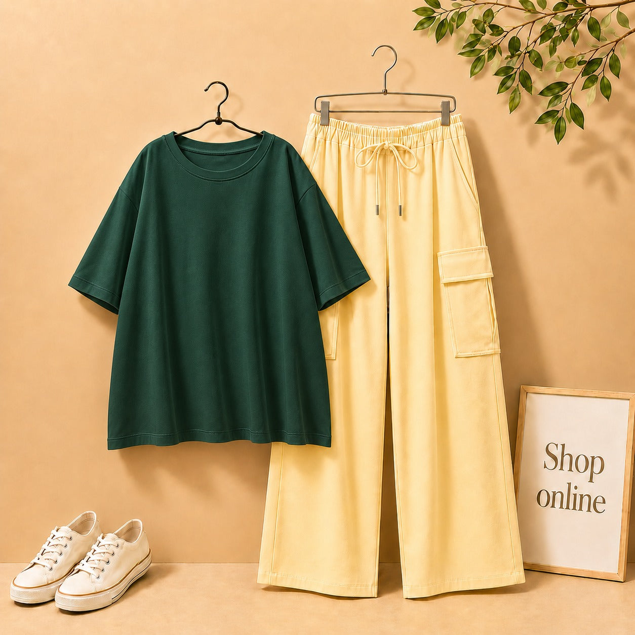 BOTTLE GREEN DROP SHOULDER WITH BEIGE CARGO TROUSER