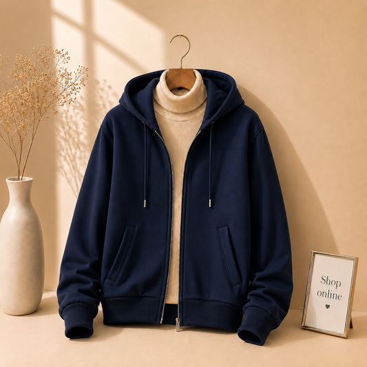 NAVY BLUE ZIPPER HOODIE WITH BEIGE HINECK