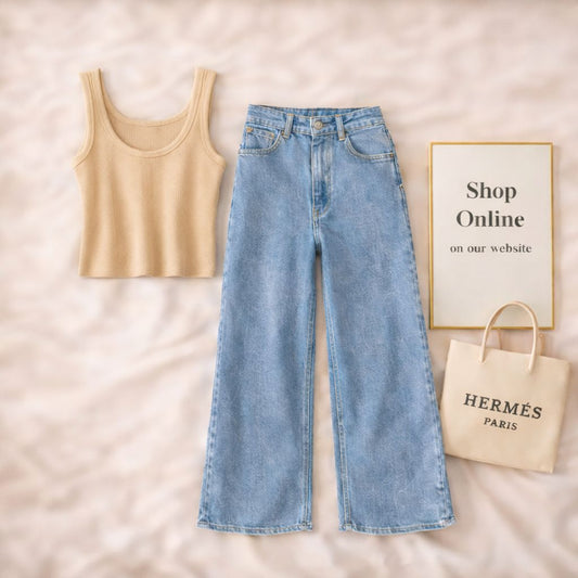 BEIGE TANKTOP WITH SKY BLUE WIDE LEG JEANS