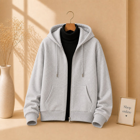 GREY ZIPPER HOODIE WITH BLACK HINECK