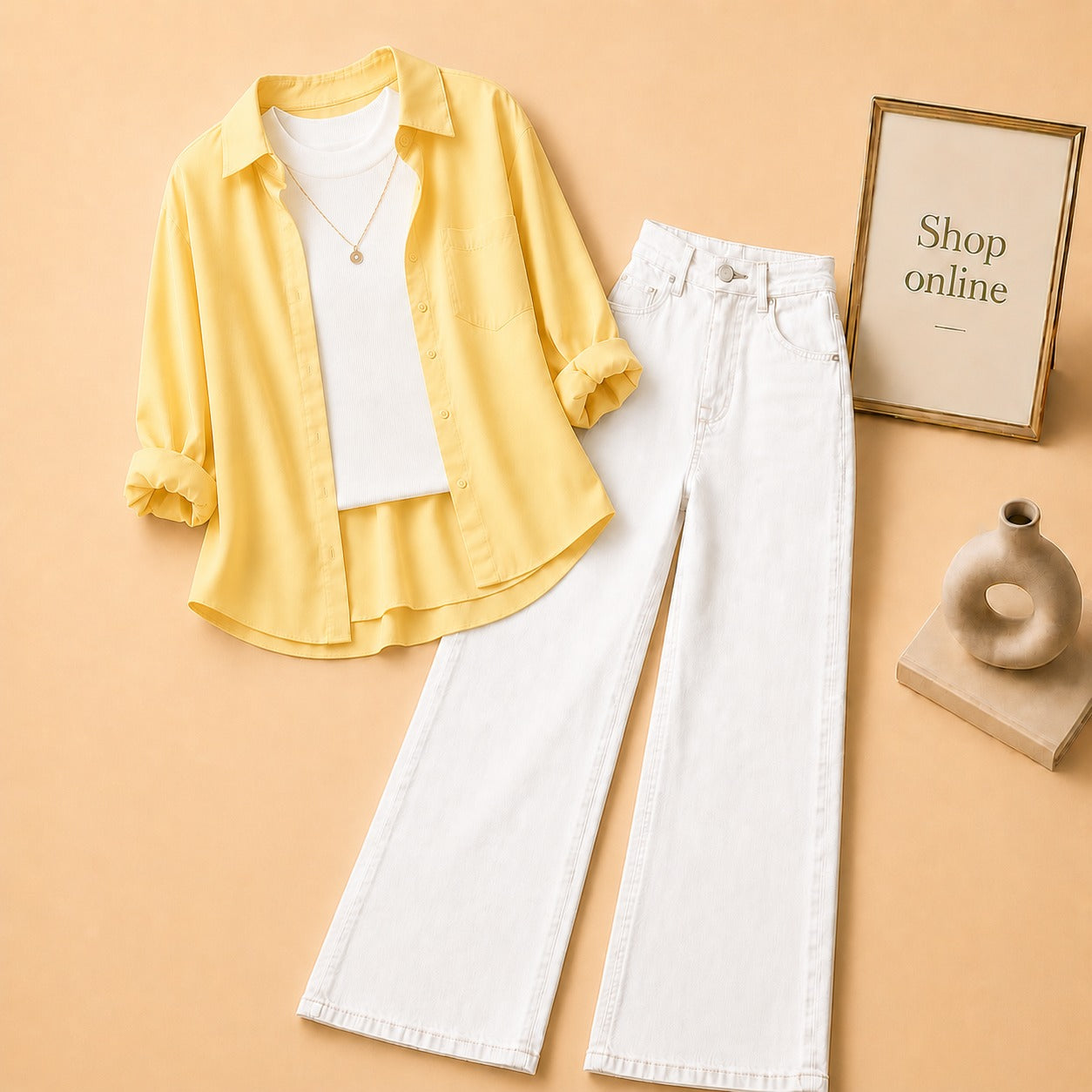 YELLOW BUTTON SHIRT WITH WHITE TANKTOP AND WHITE WIDE LEG JEANS (3PCS)