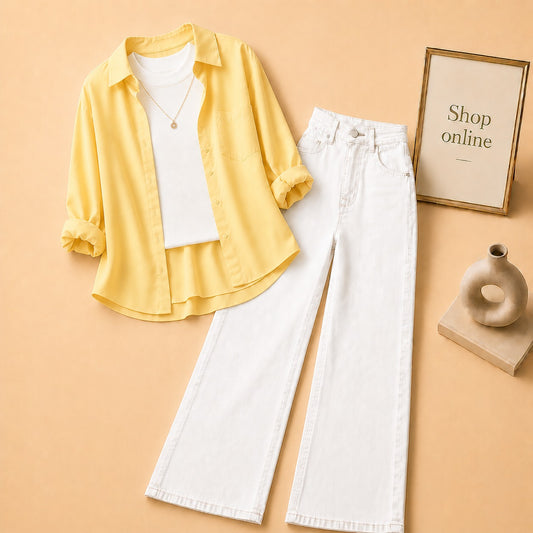 YELLOW BUTTON SHIRT WITH WHITE TANKTOP AND WHITE WIDE LEG JEANS (3PCS)