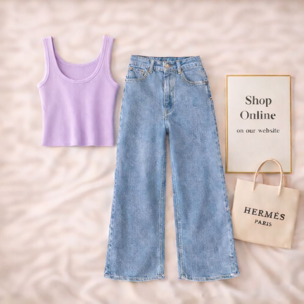 LILAC TANKTOP WITH SKY BLUE WIDE LEG JEANS