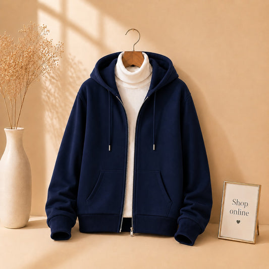 BLACK ZIPPER HOODIE WITH WHITE HINECK