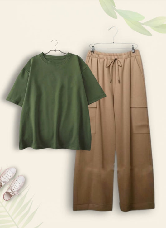 PLAIN OLIVE GREEN TSHIRT WITH BEIGE CARGO TROUSER