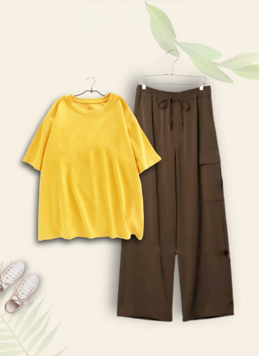 PLAIN YELLOW TSHIRT WITH BROWN CARGO TROUSER
