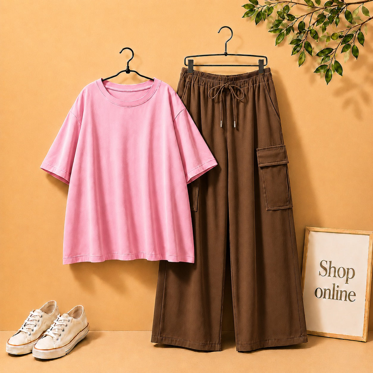 PINK DROP SHOULDER WITH BROWN CARGO TROUSER