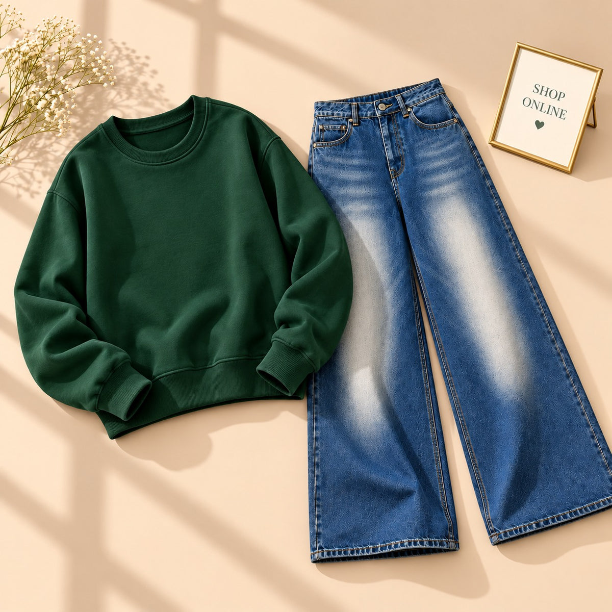 BOTTLE GREEN SWEATSHIRT WITH VINTAGE DARK BLUE WIDE LEG JEANS