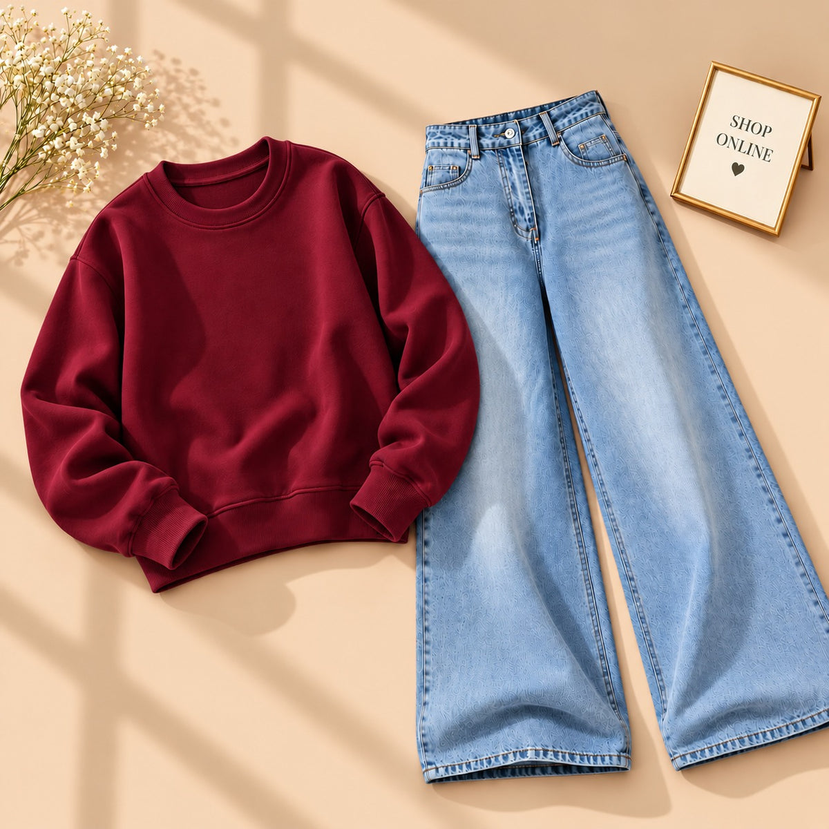 MAROON SWEATSHIRT WITH VINTAGE ICE BLUE WIDE LEG JEANS