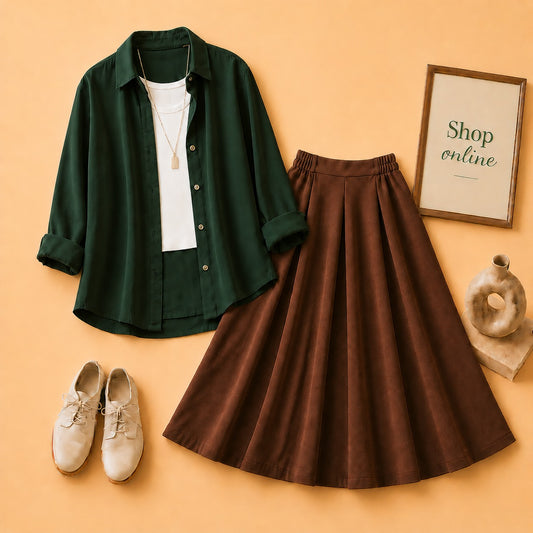 BOTTLE GREEN BUTTON SHIRT WITH WHITE TANKTOP AND BROWN TWILL SKIRT