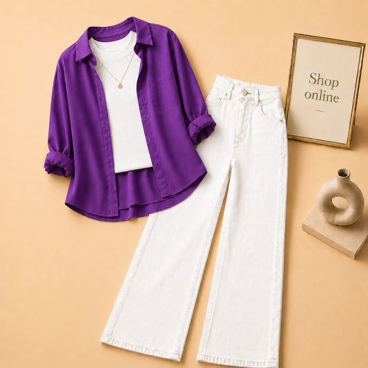 PURPLE BUTTON SHIRT WITH WHITE TANKTOP AND WHITE WIDE LEG JEANS (3PCS)