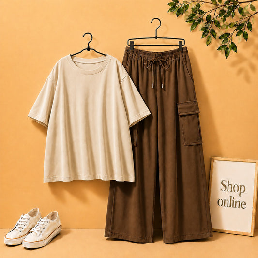 CREAM DROP SHOULDER WITH BROWN CARGO TROUSER
