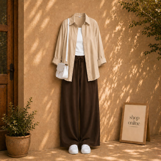 BEIGE BUTTON SHIRT WITH WHITE TANKTOP AND BROWN FLAPPER