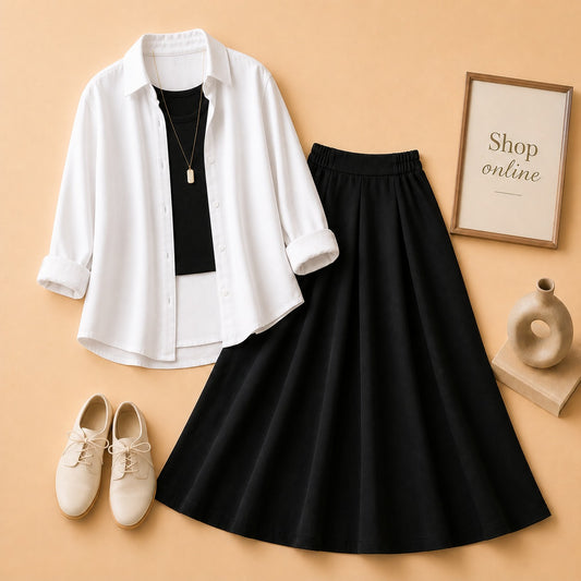 WHITE BUTTON SHIRT WITH BLACK TANKTOP AND BLACK TWILL SKIRT
