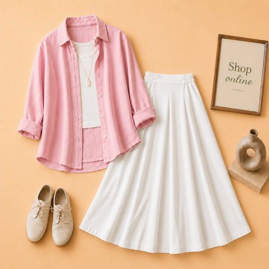 PINK BUTTON SHIRT WITH WHITE TANKTOP AND WHITE TWILL SKIRT