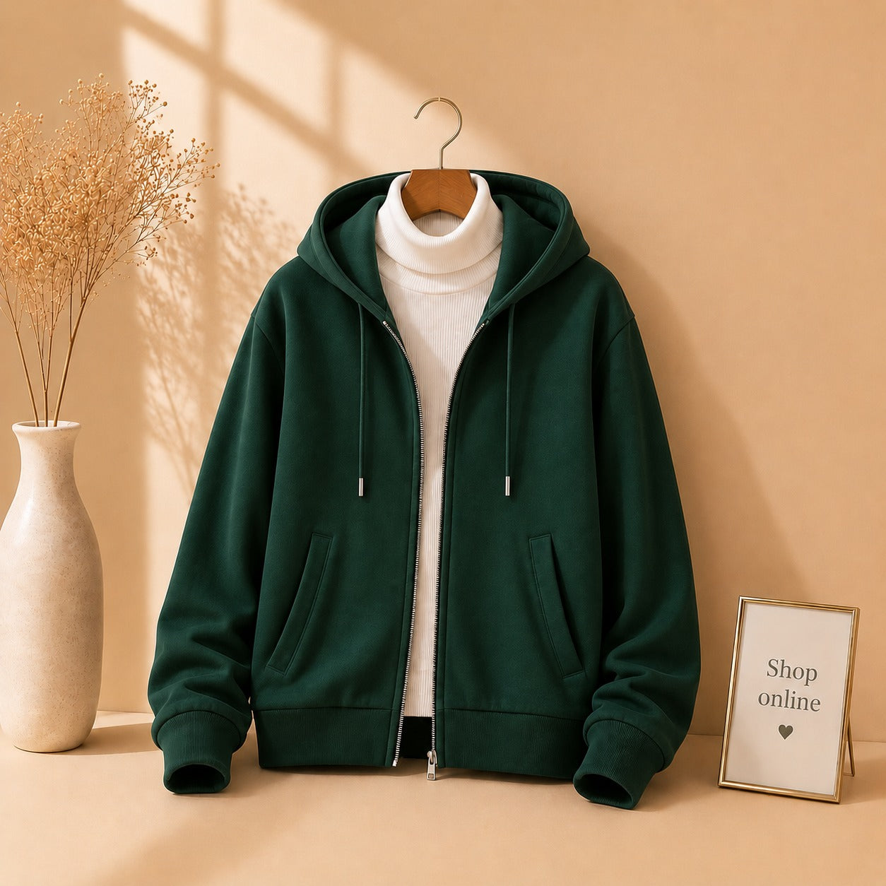 BOTTLE GREEN ZIPPER HOODIE WITH WHITE HINECK