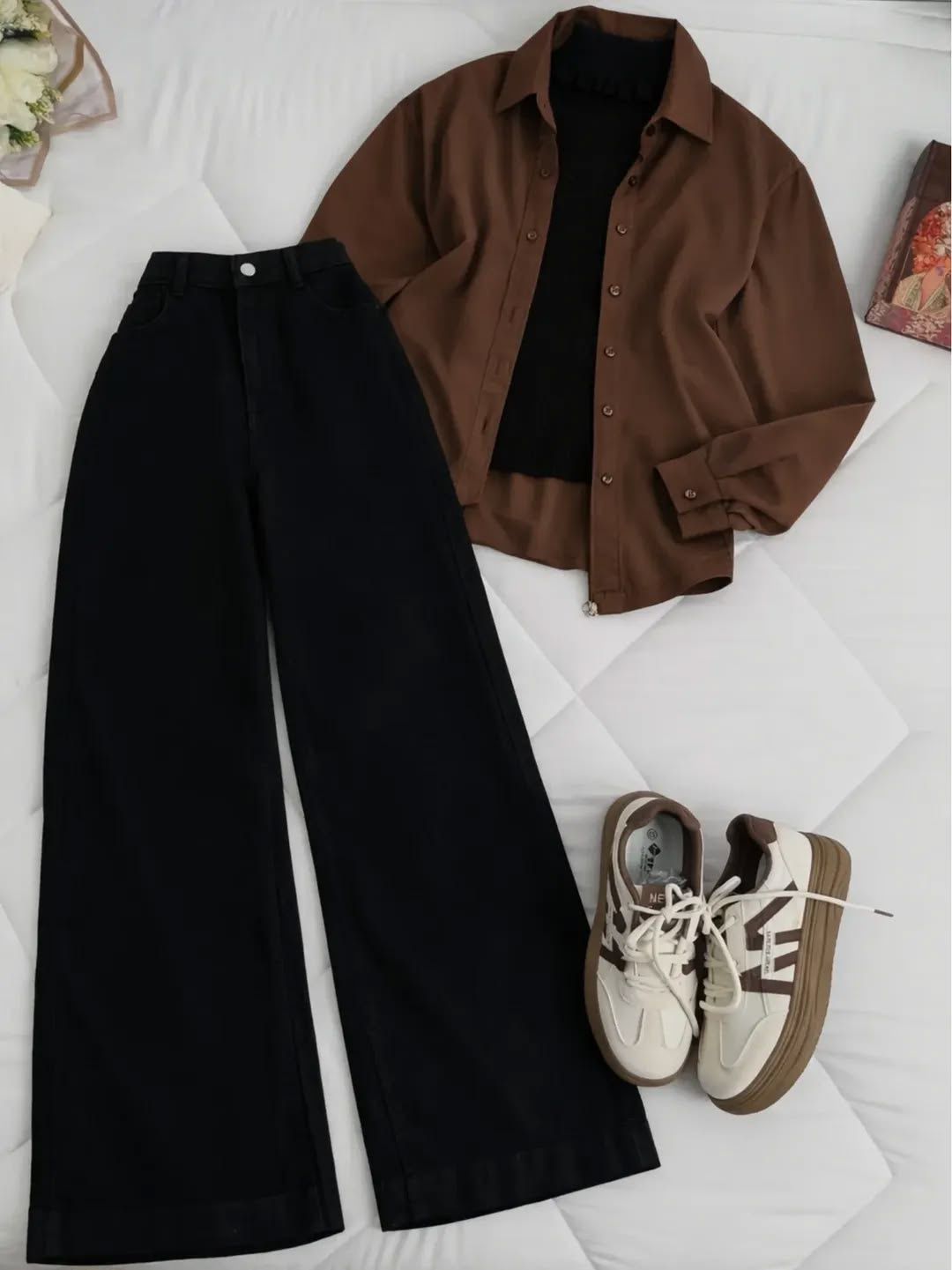 BROWN BUTTON SHIRT WITH BLACK TANKTOP AND BLACK WIDE LEG JEANS (3PCS)