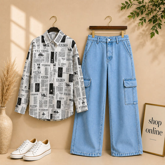 NEWSPAPER BUTTON SHIRT WITH SKY BLUE CARGO WIDE LEG JEANS