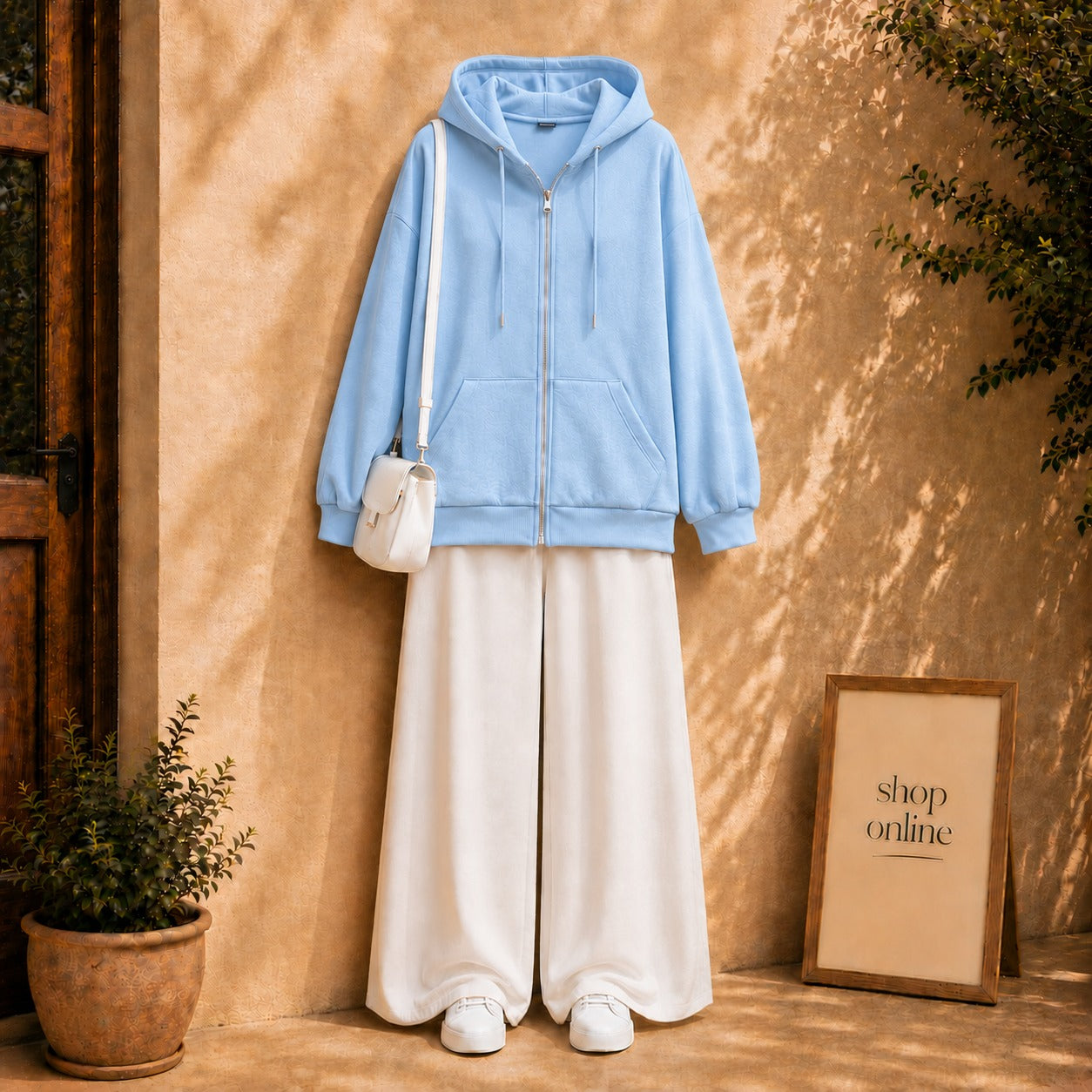 SKY BLUE ZIPPER HOODIE WITH WHITE FLAPPER