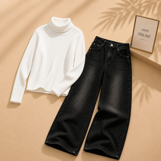 WHITE  HIGH NECK WITH MALAYSIAN WIDE LEG JEANS