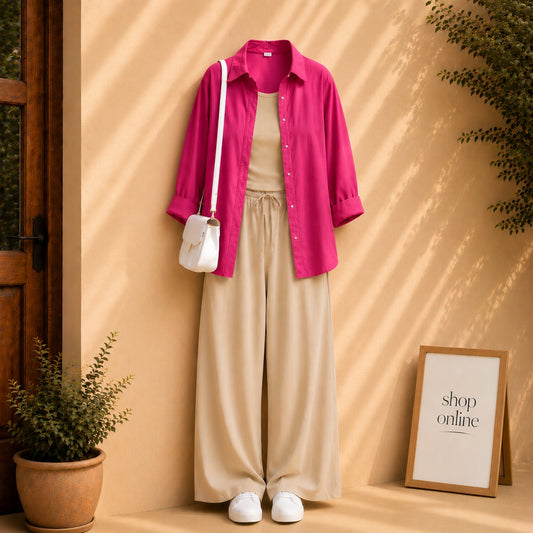 HOT PINK BUTTON SHIRT WITH BEIGE TANKTOP AND BEIGE FLAPPER