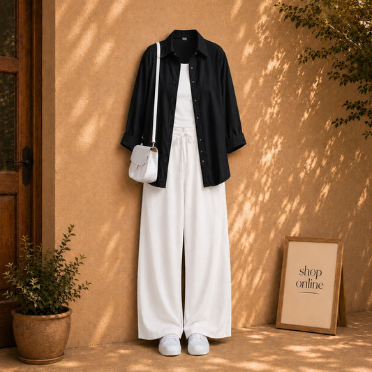 BLACK BUTTON SHIRT WITH WHITE TANKTOP AND WHITE FLAPPER