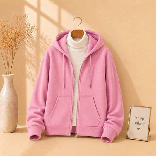 PINK ZIPPER HOODIE WITH WHITE HINECK