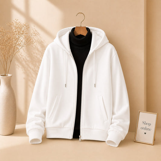 WHITE ZIPPER HOODIE WITH BLACK HINECK