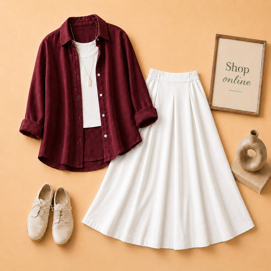 MAROON BUTTON SHIRT WITH WHITE TANKTOP AND WHITE TWILL SKIRT
