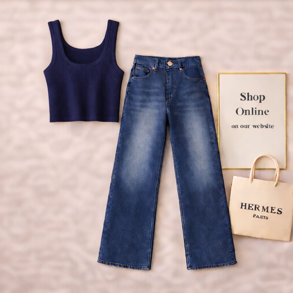 NAVY BLUE TANKTOP WITH DARK BLUE WIDE LEG JEANS