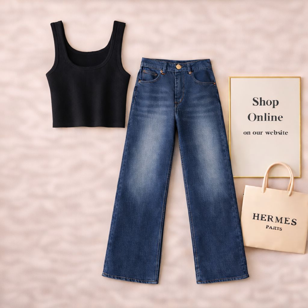BLACK TANKTOP WITH DARK BLUE WIDE LEG JEANS
