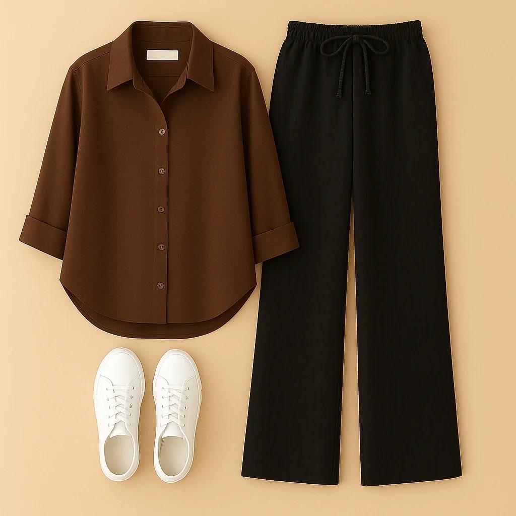 BROWN BUTTON DOWN SHIRT WITH BLACK FLAPPER